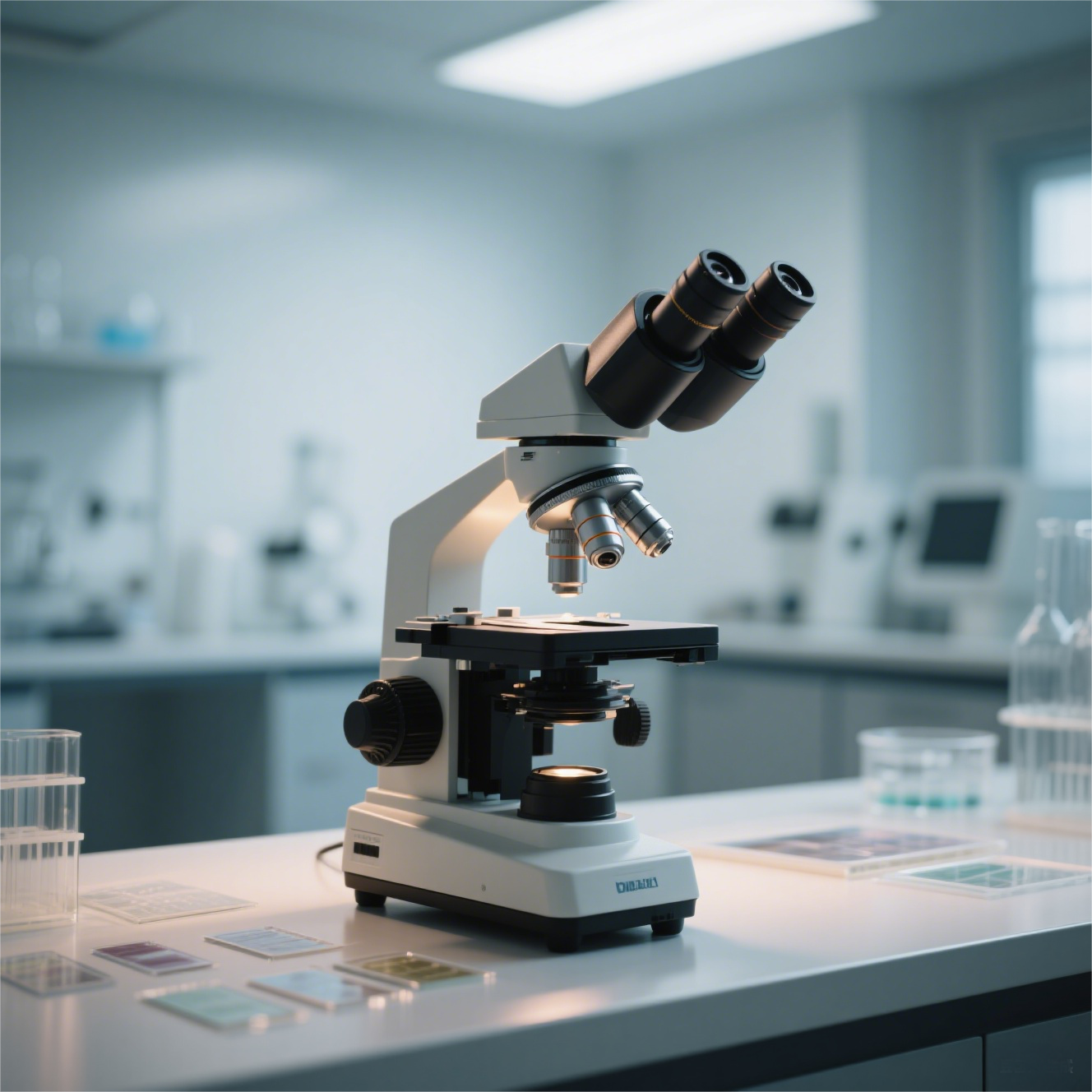 Microscope on lab table with slides