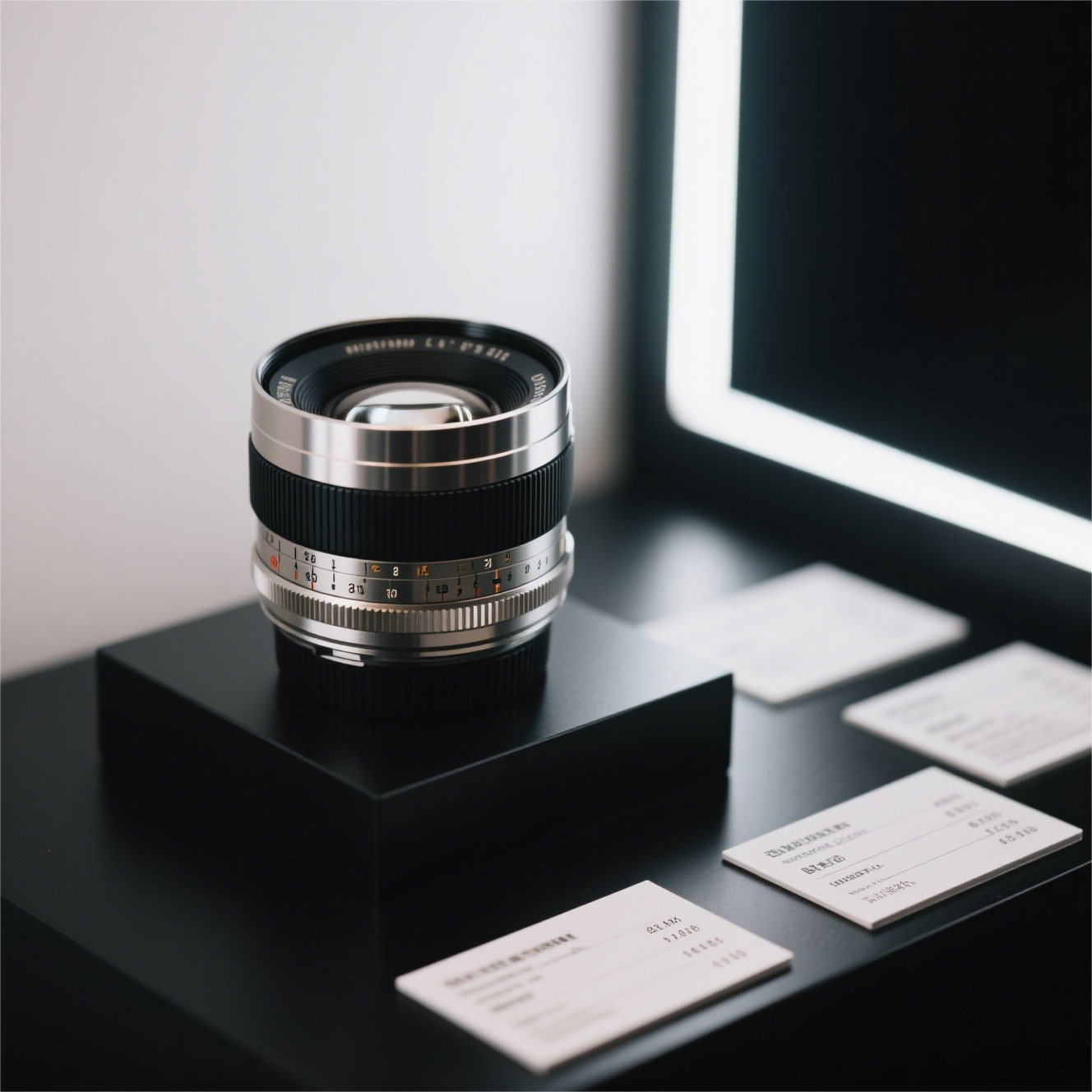 Camera lens on display stand