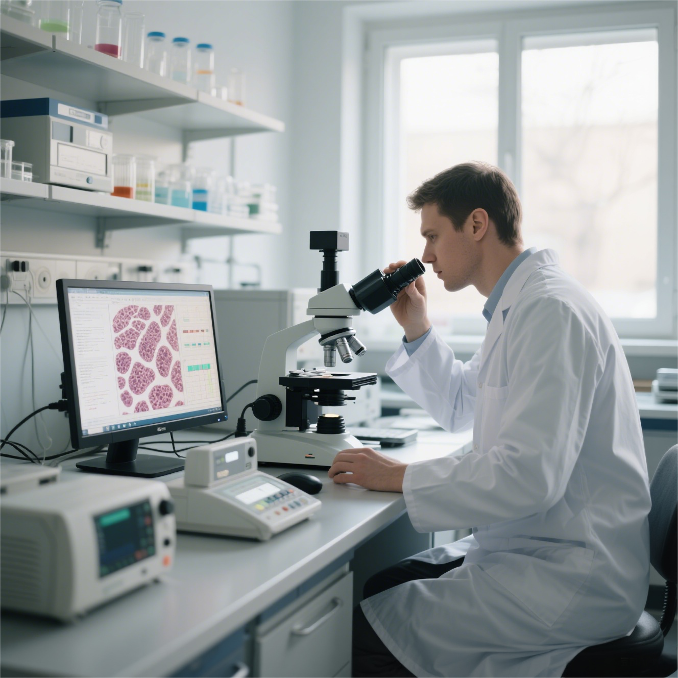 Scientist using microscope in lab