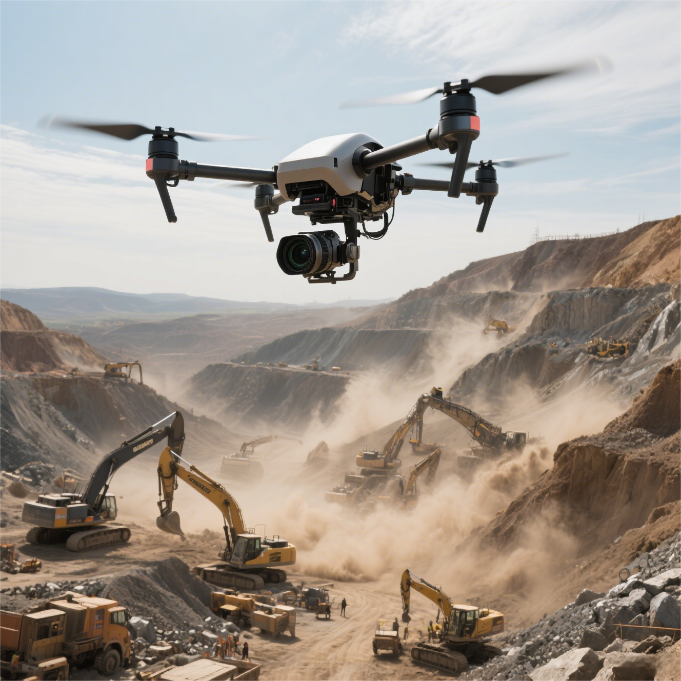 Drone flying over mining site